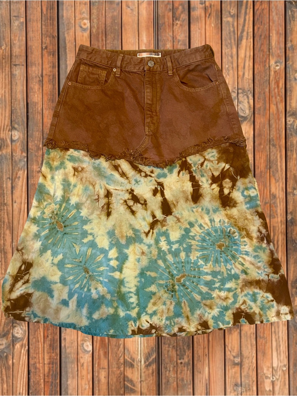 Upcycled pacsun brown denim vintage tie dye midi skirt